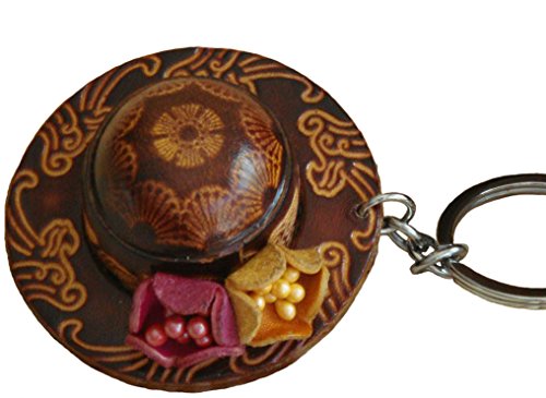 A Pair Of Genuine Leather Keychain/Bag-Charm, Stylish Straw Hat Shape, Darkbrown #TOP6