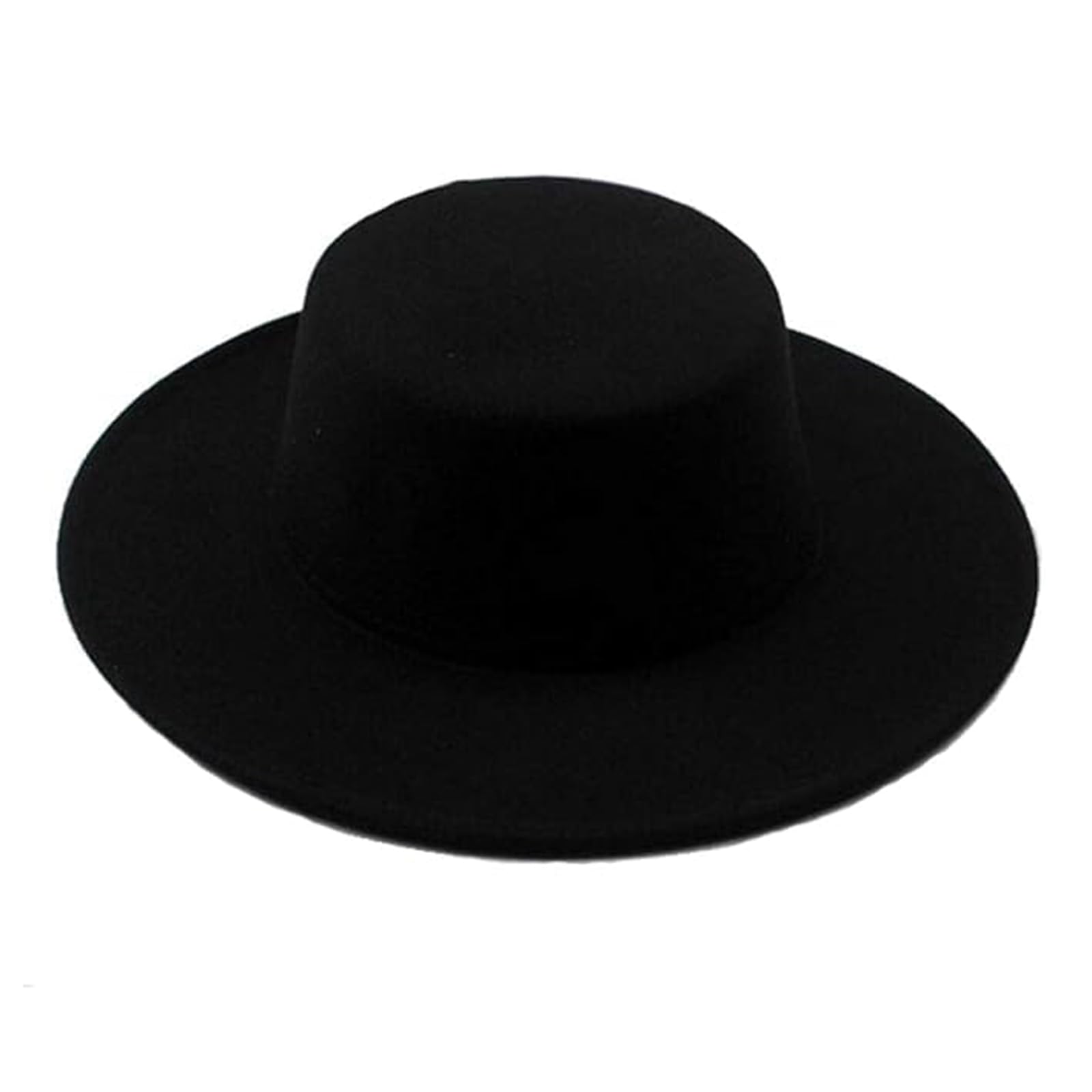 1PCS Black Classic Flat Top Blend Fedora Hat Brim Church Derby Cap for Unisex Men Women, Black, M Head Circumference 22-22.8in