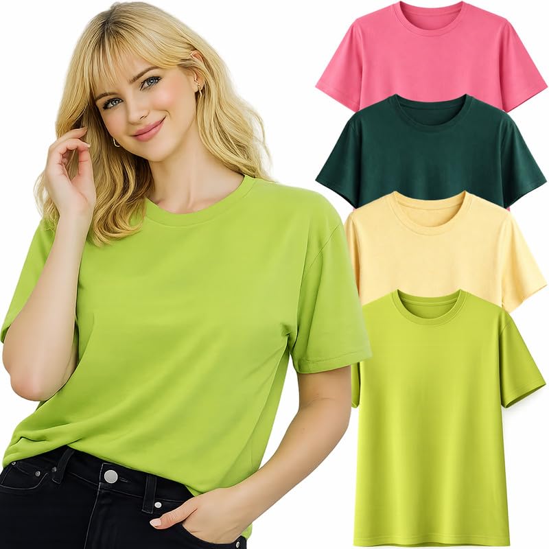 Image of London Hills Tshirt for Woman | T Shirt for Woman Cotton Casual Tops | Tshirts Shirts for Women Round Neck Short Sleeve | Women Tees Everyday Wear Basic T Shirts for Womans (Pack of 4)