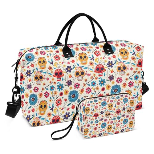 Dia De Los Muertos Pattern Travel Duffle Bag,Large Weekender Travel Bag for Women Men Waterproof Luggage Bag with Trolley Sleeve,Airplane Travel Essentials for Flying