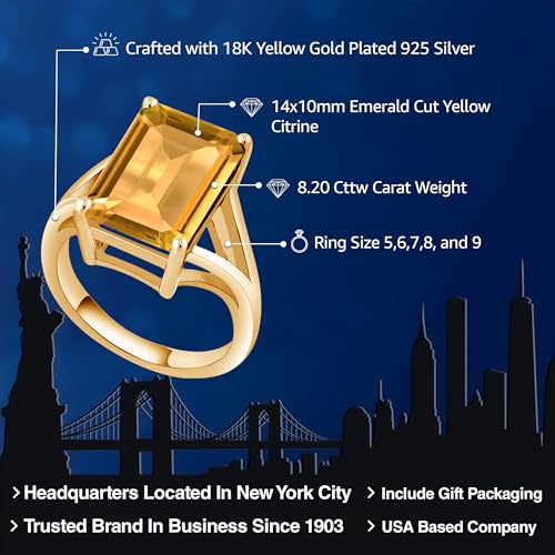 Gem Stone King 5-10 Cttw Gemstone Birthstone Solitaire Engagement Ring For Women | 18K Yellow Gold Plated Silver | 14X10MM Emerald Cut | Wedding Anniversary Ring | Available In Size 5, 6, 7, 8, 92