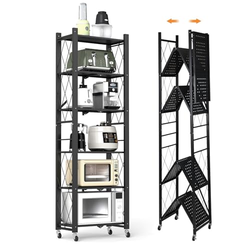 Image of 6-Tier Foldable Storage Shelves with Wheels Folding Bookshelf no Assembly | Folding Metal Shelf Unit, Collapsible Shelves for Craft Shows for Kitchen, Bedroom, Living Room, Black
