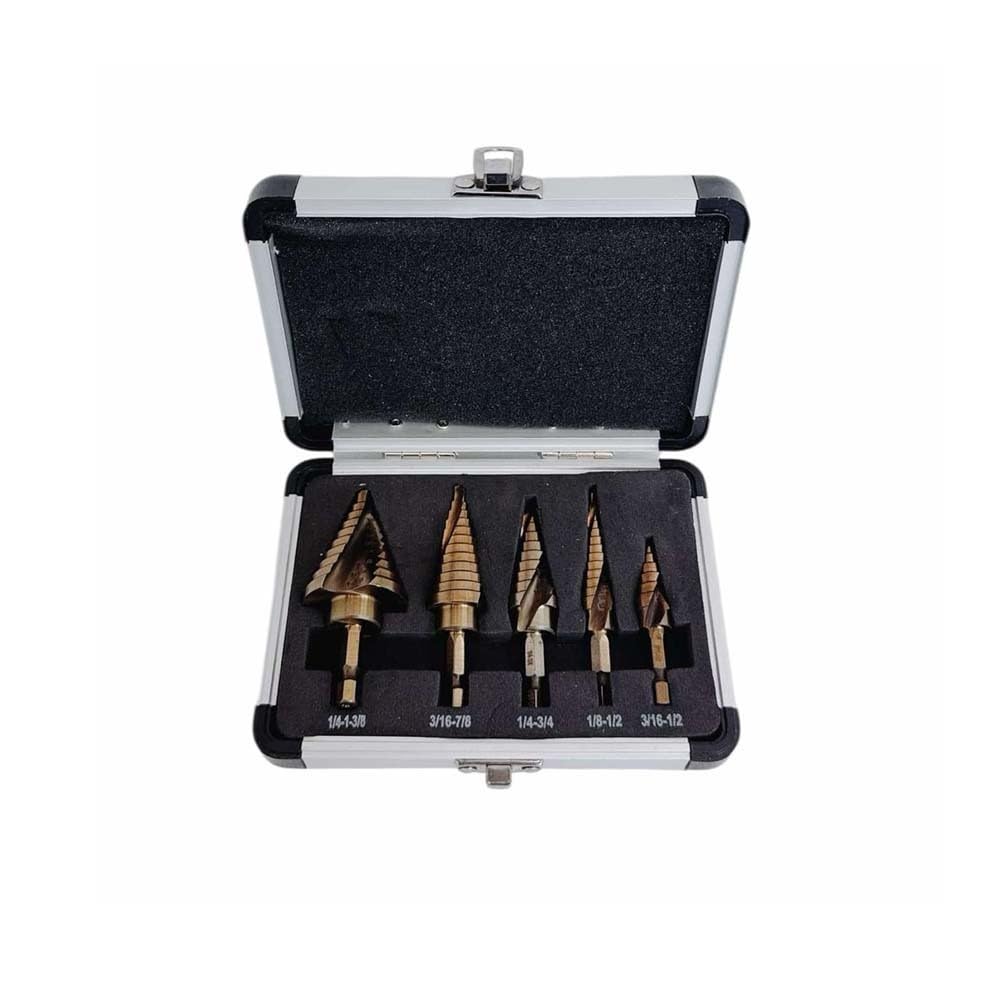 5 Pc Cobalt Spiral Flute Step Drill Bit Set SAE Straight Shank HSS Titanium Coating