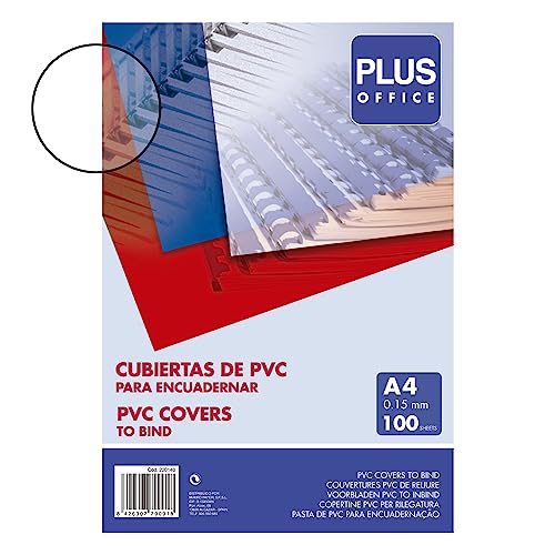 Plus Office   Portadas para Encuadernar de PVC, 150 micras, Pack de 100 unidades, Cubiertas de Encuadernación de Plástico Color Transparente, Formato A4