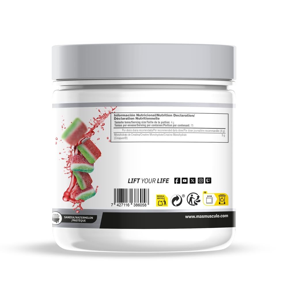 MASmusculo - Creatina Monohidrato Creapure® - en Polvo - Sin Azúcar - 300 g - Bote 3 Meses - Recuperador Muscular - Aumenta Masa Muscular - Sabor Chuches de Sandía - 3