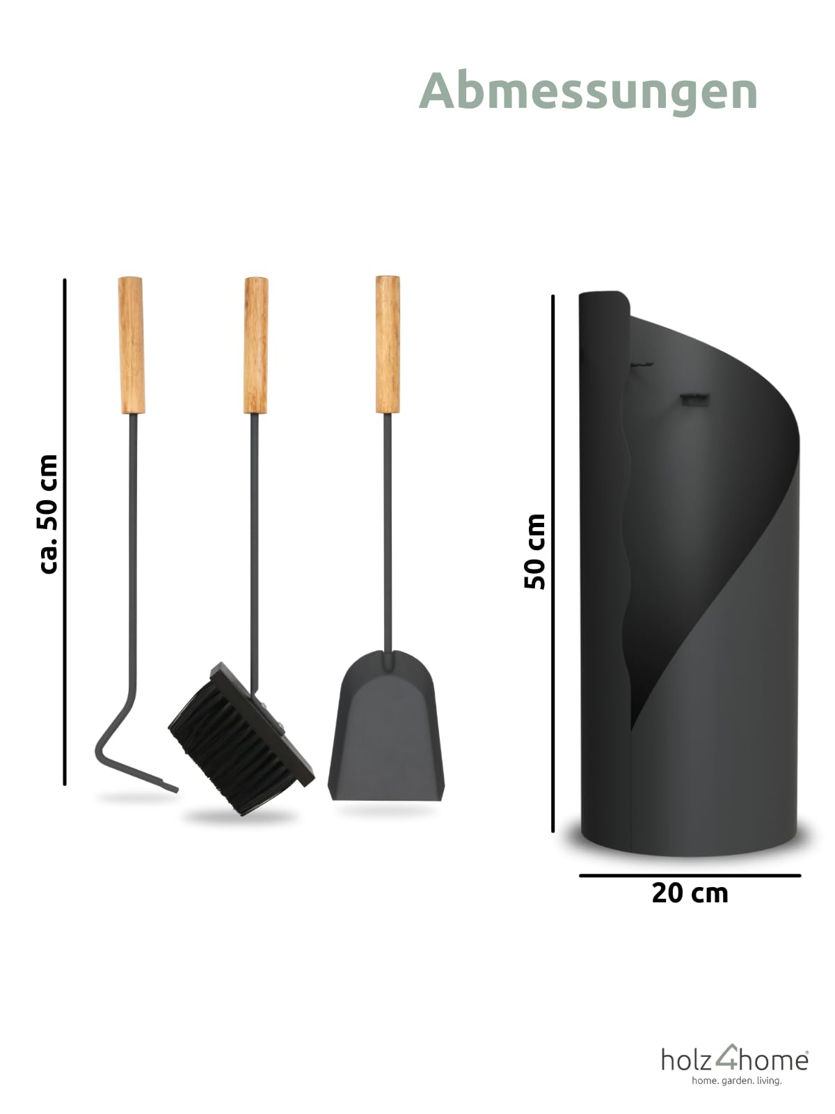 holz4home® Kaminbesteck 5-tlg. Grauschwarz mit Holzgriff inkl. Ofenhandschuh I Kaminset Kamingarnitur Anthrazit Ofenbesteck Schürhaken Besen Ascheschaufel