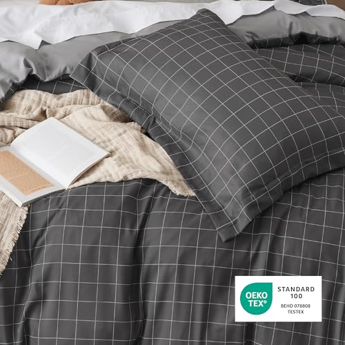 Image of Bedsure Duvet Cover Twin Size - Reversible Plaid Duvet Cover Set with Zipper Closure, 2 Pieces Dark Grey Bedding Set with 8 Corner Ties and 1 Pillow Sham 20 inchx26 inch