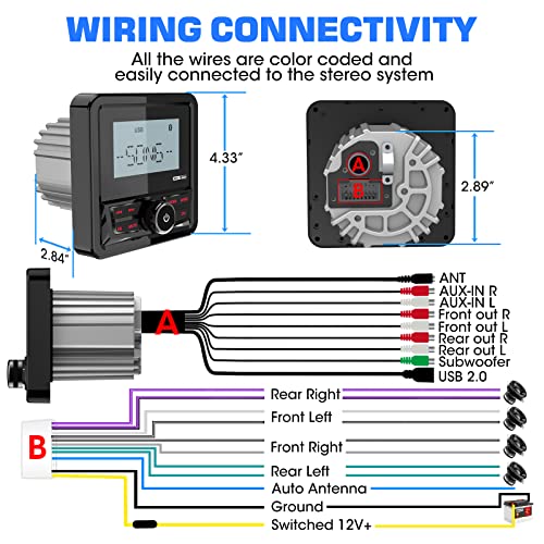 Image of Waterproof Marine Digital Media Receiver - Bluetooth Marine Stereo with 2.8 Inch LCD Display - AUX USB Input AM FM Subwoofer Pre-Amp UTV Boat Radio for ATV RZR Golf Cart Spa Hot