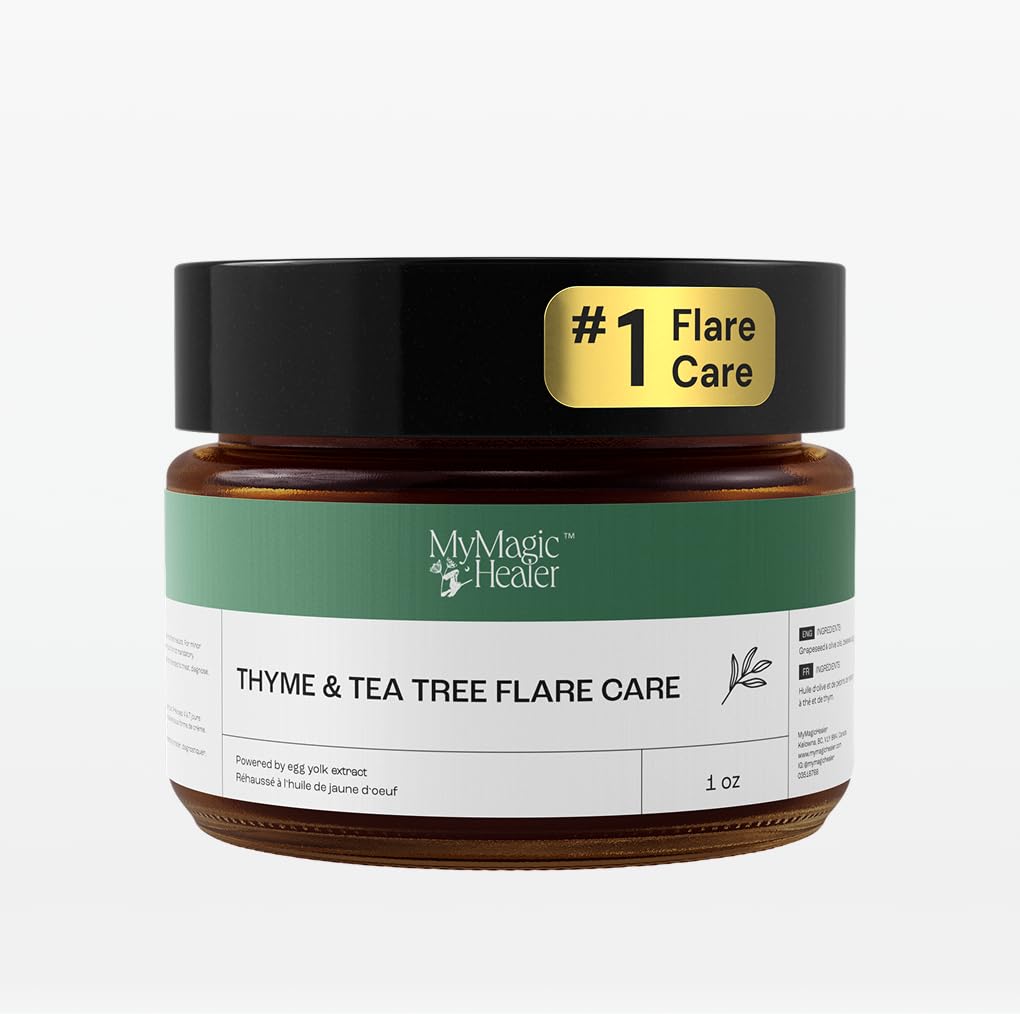 - MyMagicHealer Thyme & Tea Tree Flare Care | Ingrown Hair, Razor Bumps, Blind Pimples, Bartholin, Pilonidal Cysts | Folliculitis Cure | Piercing Care w/Egg Yolk Extract & Tea Tree 1 oz