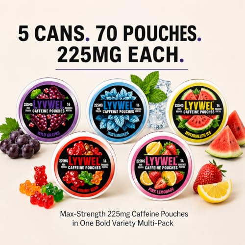 Image of LyvWel 225mg Caffeine Pouches, Guarana-Powered Energy Pouches, Nootropic Pouches, Nicotine Free Pouches and Tobacco-Free with Bold Flavors, Multi-Pack-5 Pack