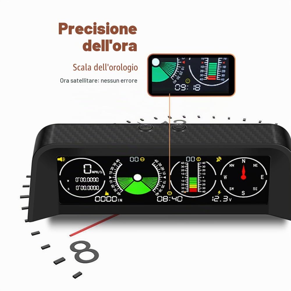 ELING Inclinometro universale per auto Offroad Clinometro angolo di rotolamento, tachimetro GPS con bussola tempo volt indicatore per auto SUV