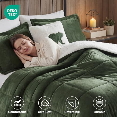 Woolrich Queen Comforter Set Plush Comforters for Queen Size Bed Reversible Sherpa Fuzzy, All Season Plaid Comforters Queen Size Bed Set, Décor Pillow, Alton, Full/Queen Green/Ivory 4 Piece by Woolrich John Rich & Bros. - Image 2