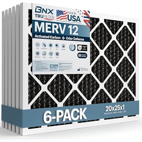 BNX TruFilter 20x25x1 MERV 12 Odor Defense (6-Pack) AC Furnace Air Filter with Activated Carbon - MADE IN USA - Pleated Air Conditioner HVAC AC Furnace Filters - Removes Odor, Mold, Bacteria, Smoke Cover