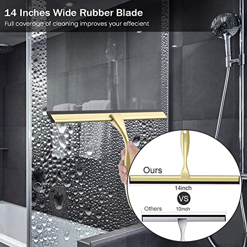 Opernee Shower Squeegee With Self Adhesive Hook, 14 Inches Stainless Steel Squeegee Cleaner, All-Purpose Window Scraper For Bathroom Doors, Mirror, Windows And Car Glass, Light Gold #TOP3