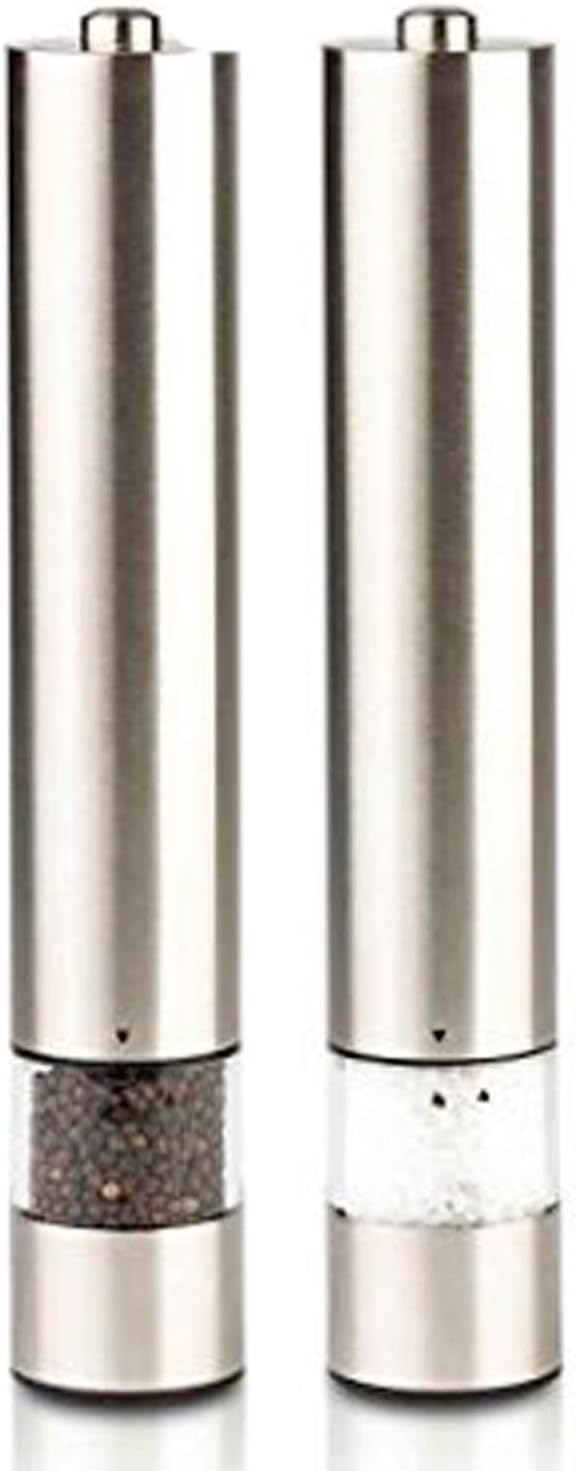 SANS Elegant Living Automatic Salt and Pepper Grinder Set - Battery Operated | One Hand Push Button Operation | LED Light | Adjustable Coarseness | 12"Tall - (Pack of 2 Stainless Steel Mills)