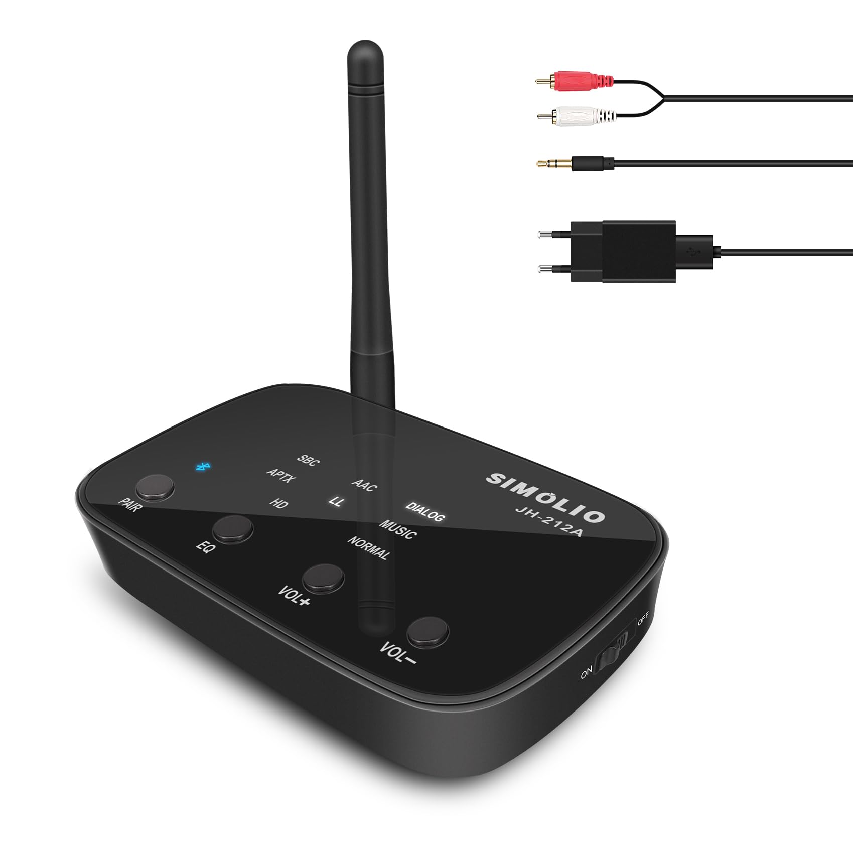 SIMOLIO JH-212A Bluetooth Empfänger für Stereoanlage, Bluetooth Audio Adapter Receiver mit Cinch & 3.5mm AUX, aptX Low Latency und aptX HD, Bis zu 197 Fuß Lange Reichweite