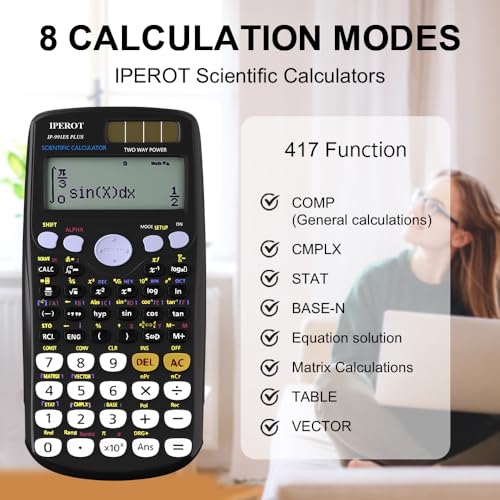 Image of Scientific Calculators, IPEROT Black Math Calculator with 417 Function, Solar Battery Power and 4-Line Display, School Supplies for Middle High College Students Teachers (Black 991ES)
