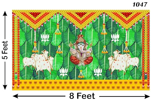 Image of Banana Leaf and Marigold and Lotus Flower with Cows and Ganesh ji Design Backdrop Cloth for Pooja Decoration Curtain for Festival Size 5Feet Height and 8Feet Width(5 * 8)
