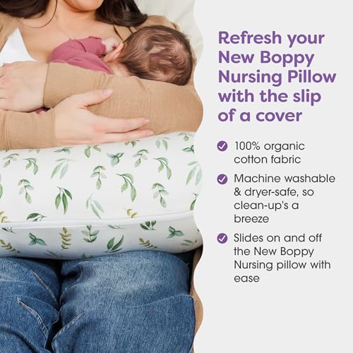 Boppy Nursing Pillow Cover, Organic Green Leaves, Single Cover, Easy-On Slipcover with Gentle 100% Organic Cotton Fabric for The Redesigned Nursing Pillow