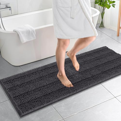 Image of OLANLY Thick Bathroom Runner Rugs 59x20, Absorbent Chenille Striped Bath Rugs, Rubber Backing, Machine Wash, Extra Long Bath Mats for Bathroom Floor, Tub and Shower, Home Decor Accessories, Dark Grey
