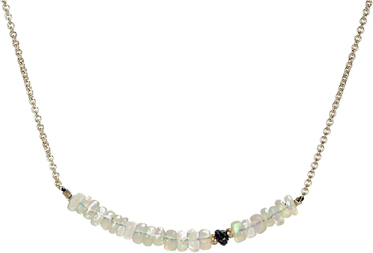 White Opal Raw Black Diamond Bar Necklace- 14k Gold Filled- October Birthstone- Women's Jewelry Gift Idea