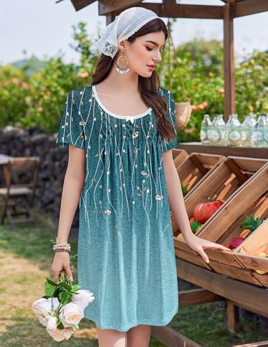 Image of Ekouaer Nightgowns for Women Pleated Sleep Shirts Short Sleeve Night Shirts Lace Trim Night Gown Ladies Sleep Dress