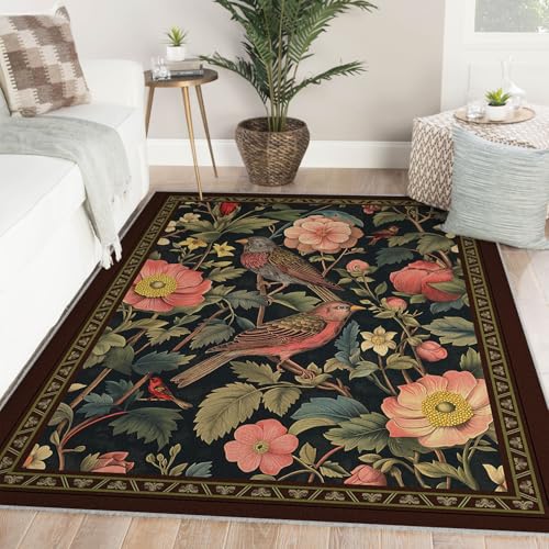 Tapis de chambre lavable résistant et antidérapant à motif oiseaux et fleurs - 3