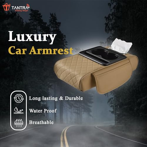 Image of TANTRA Premium Car Armrest Cushion Organizers, 5-in-1 Center Console Cover with 2 Storage Bags Cup Holder, Tissue Box Slot, Phone Slot for Sedans, Car Accessories Interior Organizers (Beige)