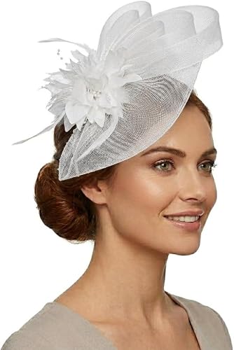 Caprilite Flower Wedding Races Party Fascinator Net Hat and Feathers, White, 1 count (Pack of 1)