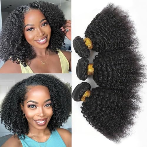Mongolian Afro Kinky Curly Bundles Human Hair 12 14 16 Inch 4B 4C Afro Kinky Human Hair Bundles Afro Curly Weave Bundles Unprocessed Virgin Hair Extensions for Black Women Natural Color
