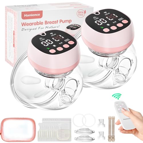 Image of Breast Pump Hands Free, Hanience Wearable Pumps with 3 Modes&9 Level, Remote Control and LCD Screen, Patented Design Portable Electric Breast Pumps for Painless Pumping, 2 Pack (24mm)
