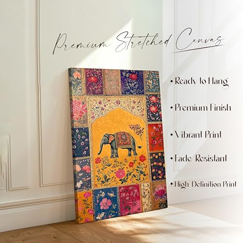 Image of PAINTINGMANTRA Abstract Stretched Canvas Multicolor Wall Art Painting Elephant Madhubani Beautiful Wall Decor in Yellow, Beige and Multicolor for Living Room, Bedroom, Office - 22x34 Inch