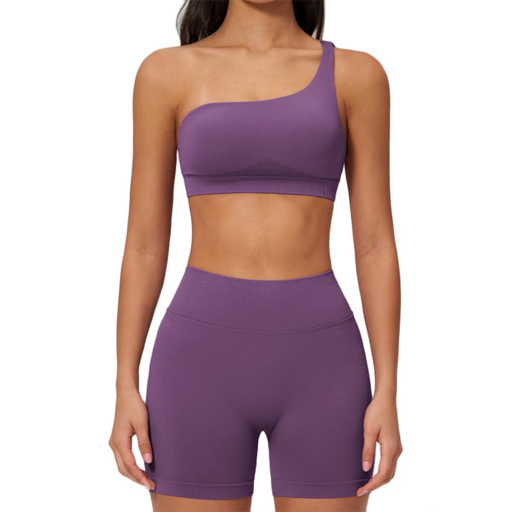 XYFfybhsd One-Shoulder Padded Yoga Bra & Biker Shorts for Running Workout Fitness(Size:XL,Color:Purple)