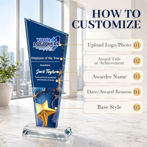 Image of Custom Crystal Trophy Award Personalized Plaque Award with Text Logo Photo Awards Trophies for Employee Recognition Team Graduation Personalized Office Gifts for Boss Coworker Teacher