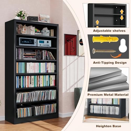 Image of 55 inch Media Storage Cabinet, Metal CD Storage Rack with 6 Adjustable Shelves, Large DVD Storage Shelf Rack for Living Room, Home Entertainment (Black)
