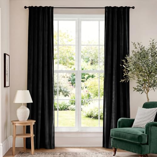 Image of Blackout Black Velvet Curtains Rod Pocket 42x84 Inch 2 Panels | Soft Velvet, For Bedroom & Living Space, Light Shifting Texture, Elegant Drape, Classic