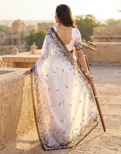 Image of SIRIL Women's Printed Cotton Linen One Minute Ready to Wear Saree With Unstitched Blouse Piece
