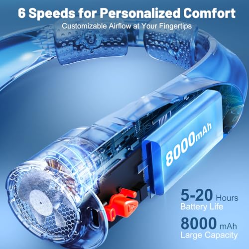Image of AI Portable Neck Fan with 6 Powerful Speeds, 8000mAh Battery Operated USB-C Rechargeable Fan, Hands-Free 360 Cooling Neck Fan,Ultra-Quiet Personal Fan for Women Men Office Travel(Orange-Blue)
