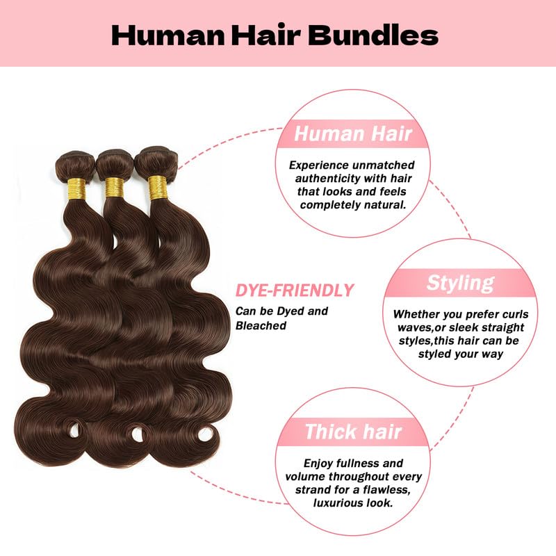 Brown Human Hair Bundles 10A Body Wave Bundles Human Hair 22 24 26 Inch 3 Bundles Silky Hair Bundles Brazilian 3 Bundles Human Hair Extensions for Women 4 Color Bundles