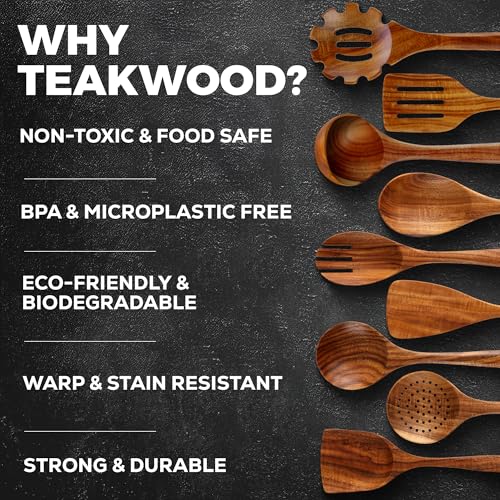 Image of Zulay Kitchen 9-Piece Teak Wood Cooking Utensil Set - Non-Toxic & Non-Stick Safe Wooden Spoons & Kitchen Tools with Comfortable Grip, Smooth Finish Natural Teak - Perfect Kitchen Gift Set