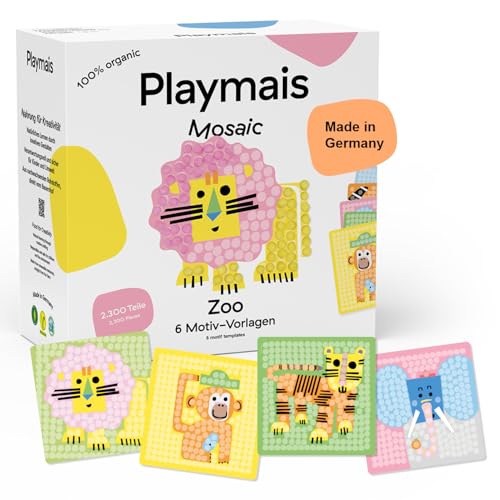 Playmais Mosaic Zoo | 2300 Teile | Bastelset | natürliches Spielzeug | inkl. Schwämmchen, 6 Motiv-Vorlagen | vegan, verantwortungsvoll & sicher für Kinder & Umwelt | ab 3 Jahren