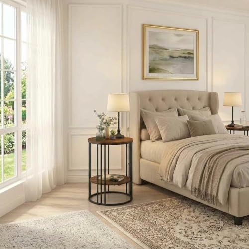 Image of Al Hama Round Coffee Table Sofa Side Accent End Table with Engineered Wood top and Black Metal Frame for Living Room (Black Brown)