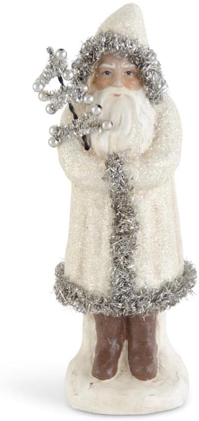 K&K Interiors Cream Glittered Santa Trimmed in Silver Tinsel Figurine, 12-inch Height, Christmas Decoration