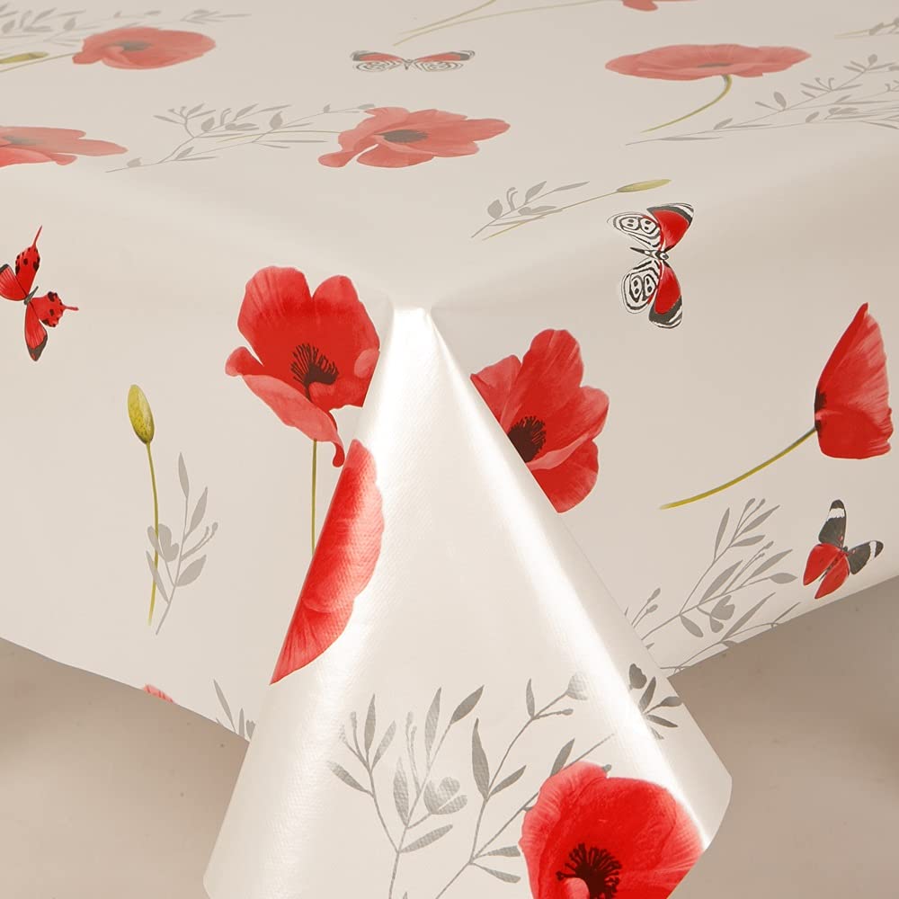Home Expressions Red Poppies and Butterflies on Ivory Ground Wipe Clean Vinyl Table Cloth/Protector Textile Backing (140cm x 100cm Rectangle)
