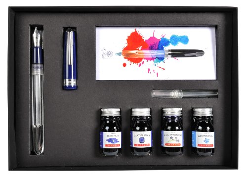 Stylo-plume noir Georges Lalo avec 4 flacons d'encre et un dépliant explicatif