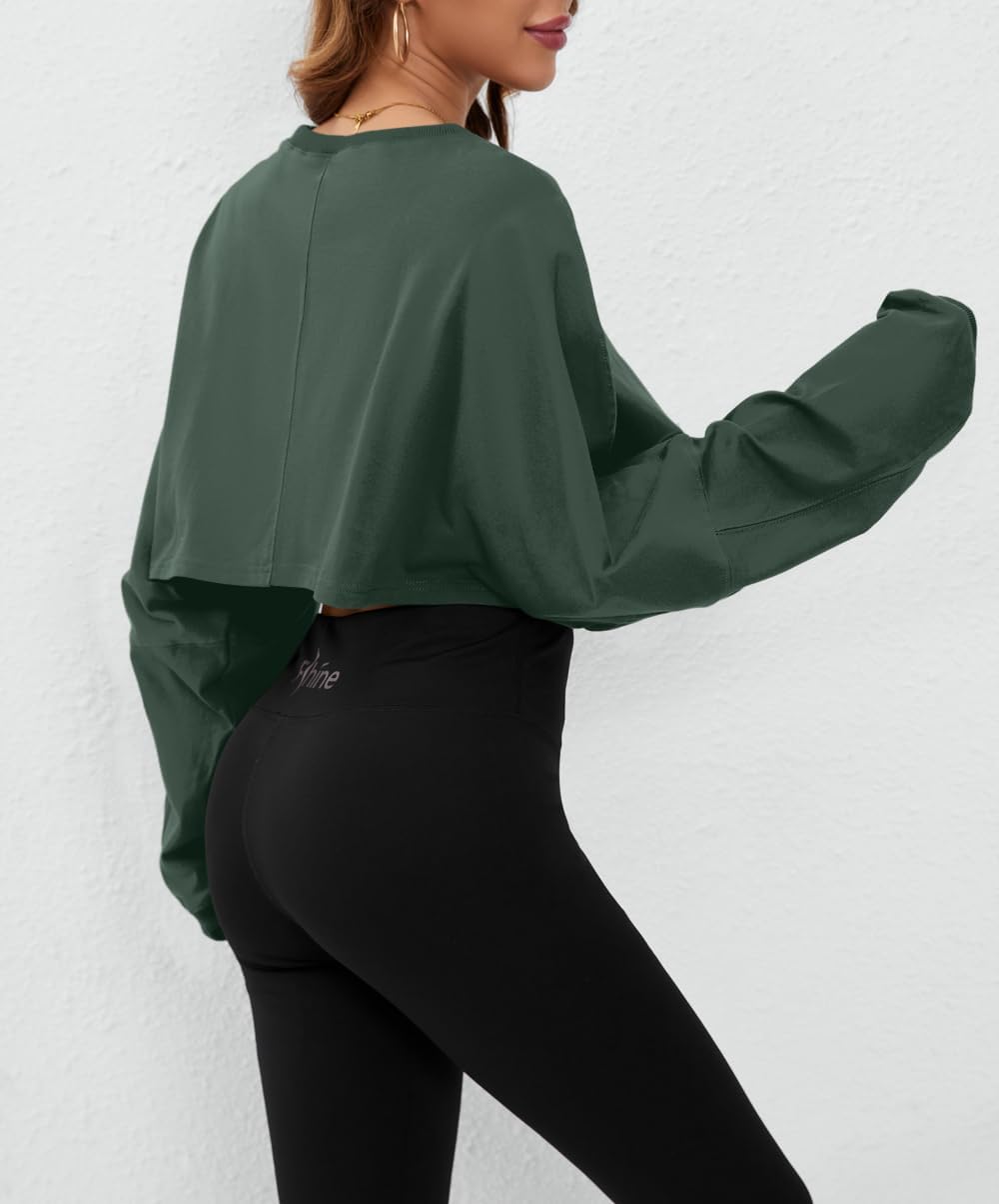 Meladyan Women Long Sleeve Crewneck Crop Top Sweatshirt Casual Solid Loose Fit Workout Cropped Pullover Tops Dark Green, X-Large - Image 4
