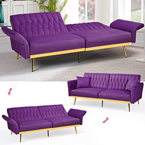 Acmease 70” Velvet Futon Sofa Bed With 2 Pillows And Adjustable Armrests, Convertible Sleeper Bed, Modern Loveseat For Living Room, Bedroom, Purple #TOP3
