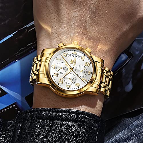 OLEVS Men's Stainless Steel Chronograph Watch, Big Face Gold Silver Black Tone Easy to Read Analog Quartz Watch, Luxury Waterproof Date Diamond Roman Arabic Numerals Dial Dress Watch for Men