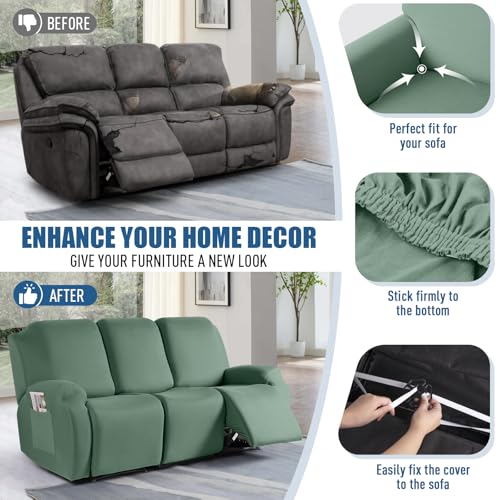 Image of TAOCOCO Recliner Sofa Slipcover, 3 Pieces Polyester Fabric Stretch Sofa Covers for 3 Seat Reclining Couch, Soft Washable Furniture Protector with Pockets (3 Seat, Bean Green)