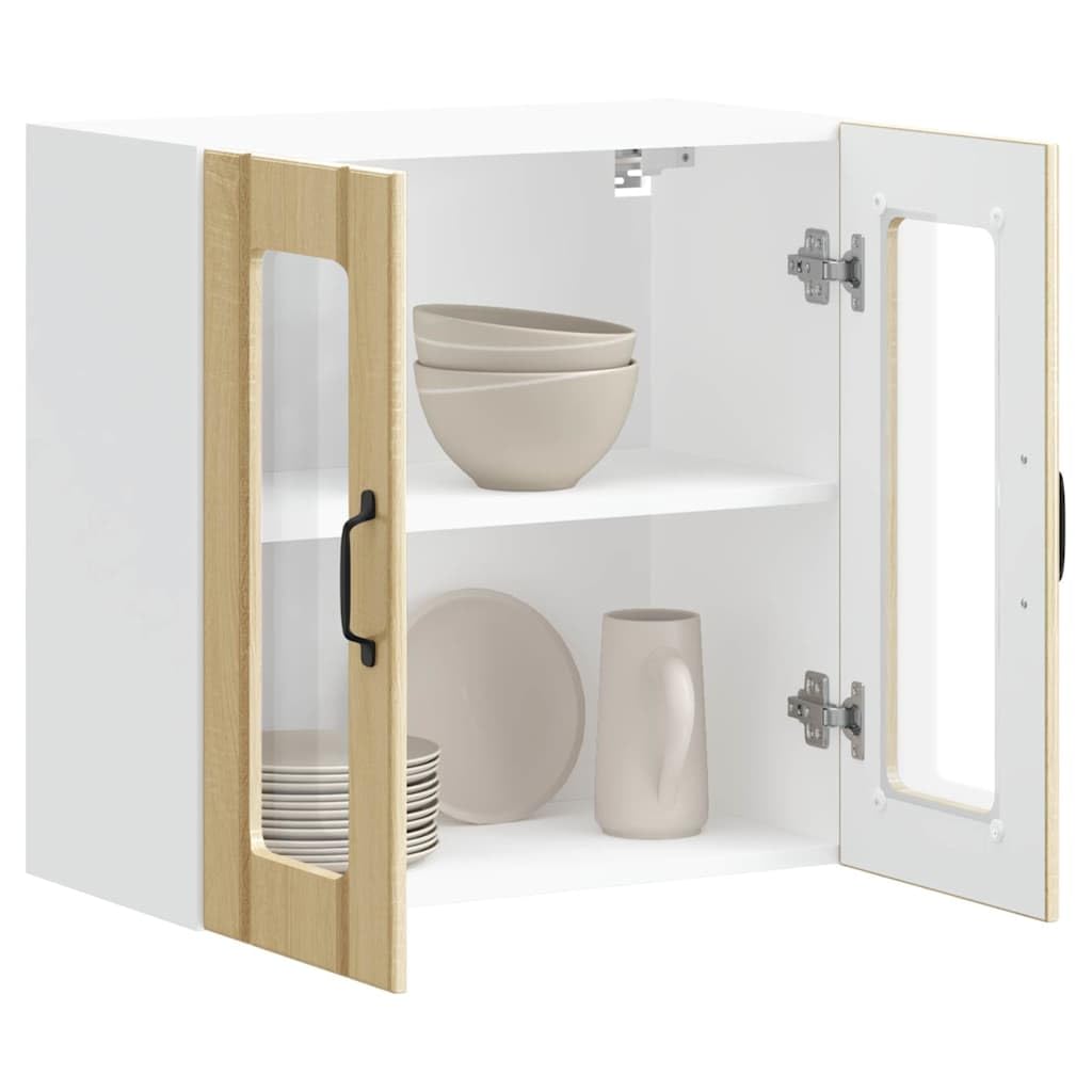 Lucca - Armadietto da cucina sospeso con anta in vetro, rovere Sonoma, 60 x 31 x 60 cm, montaggio a parete, armadio multiuso con spazio per stoviglie, pentole, microonde, organizer per cucina